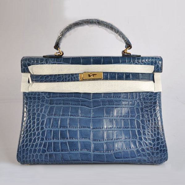 High Quality Hermes Kelly 35cm Crocodile Veins Leather Bag Blue H035 - Click Image to Close